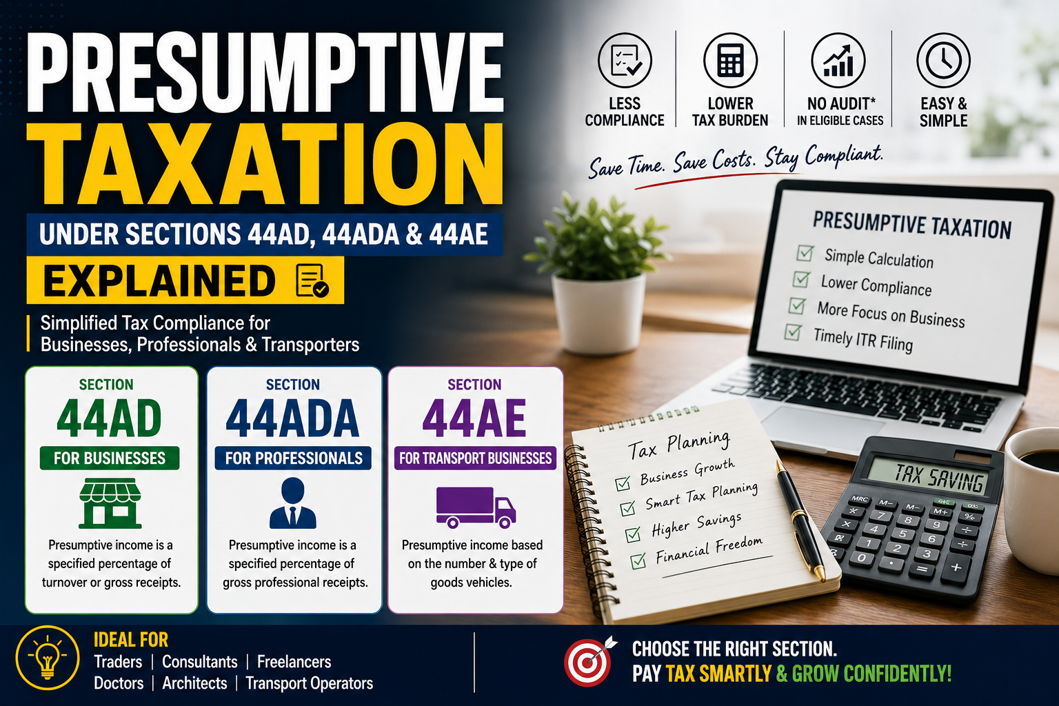 Presumptive Taxation Under Sections 44AD, 44ADA & 44AE Explained